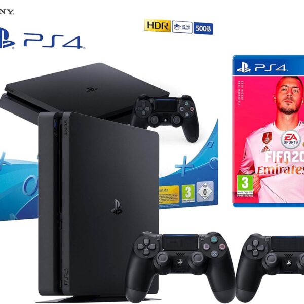 PS4 Slim 500GB Playstation 4 Console Black + FIFA 20 + 2 Dualshock 4 controllers (Refurbished)